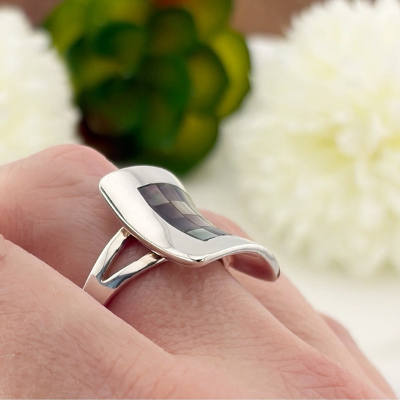 Vintage Serling Silver 925 Abalone Inlay Ring Size 9 3/4 10 - Picture 7 of 11